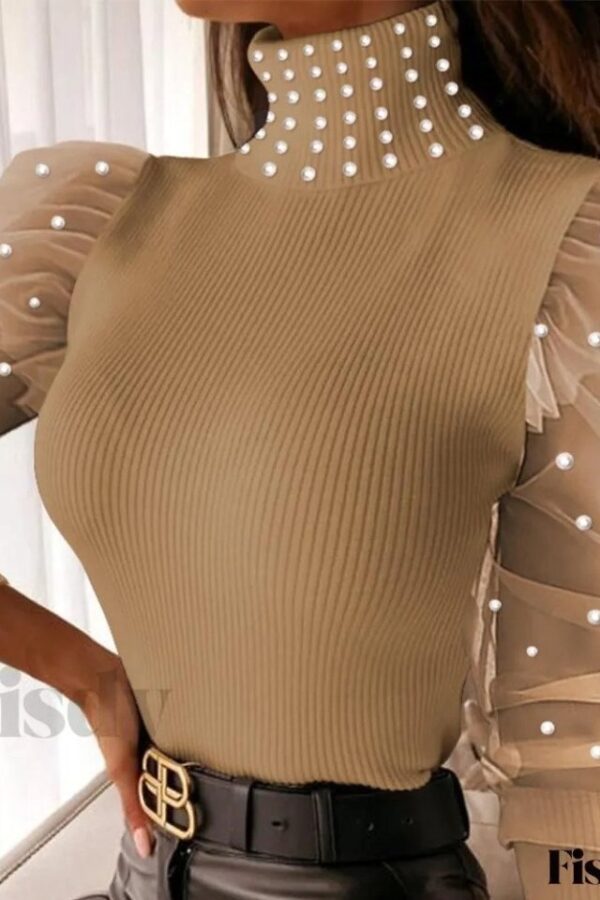 Kadın Balıkçı Yaka Kolları Tül Inci Detay Fırsat ürün Bluz