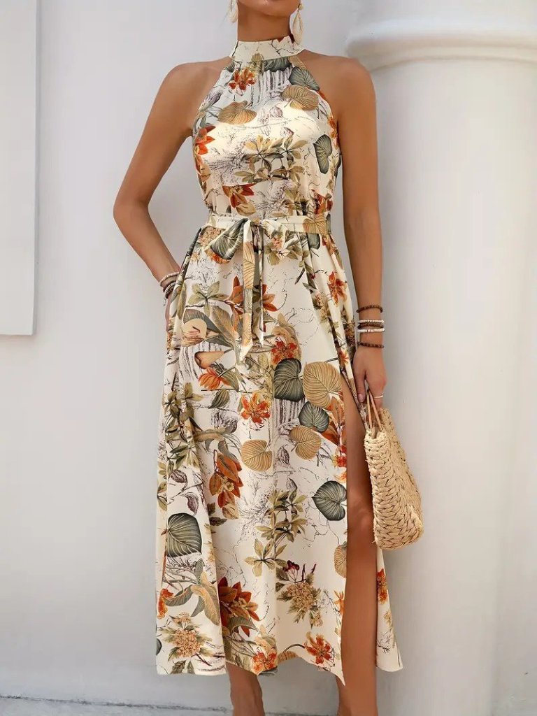 Kadın Omuzlardan Açık Halter Yakalı Yırtmaçlı çiçek Desenli Süprem Elbise - Görsel 7