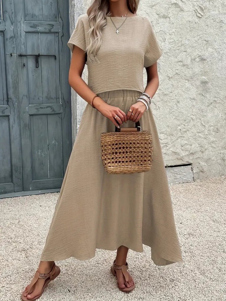 Kadın Kısa Kollu Bisiklet Yaka Bluz Etekli Ithal Keten Ikili Takım - Görsel 9