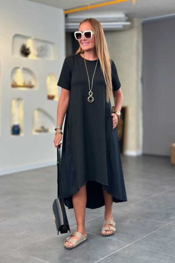 Kadın Kısa Kollu Bisiklet Yaka Asimetrik Kesim ön Viskon Arkası Trikoton Elbise