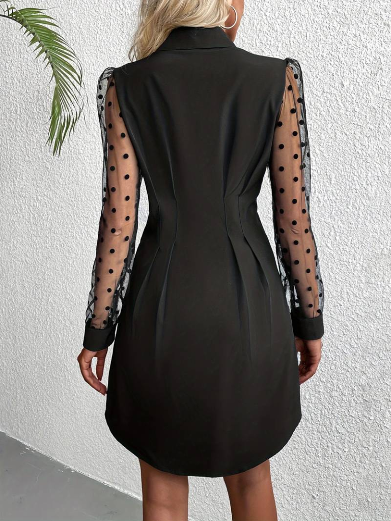 Kadın Uzun Puantiyeli Tül Kol Gömlek Yakalı önden Düğmeli Ithal Krep Elbise - Görsel 3