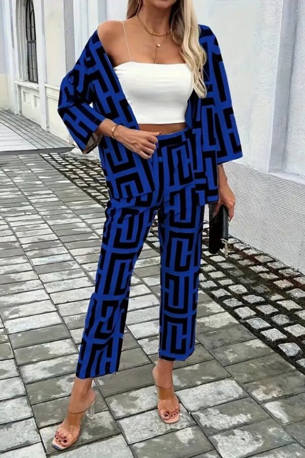 Kadın Uzun Kollu önü Açık Desenli Iki Iplik Ceket Ve Pantolon Ikili Takım