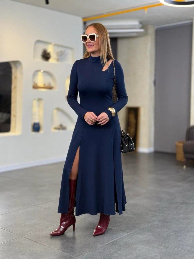 Kadın Balıkçı Yaka Damla Detaylı Yırtmaçlı Uzun Viskon Iki Iplik Maxi Elbise - Görsel 10