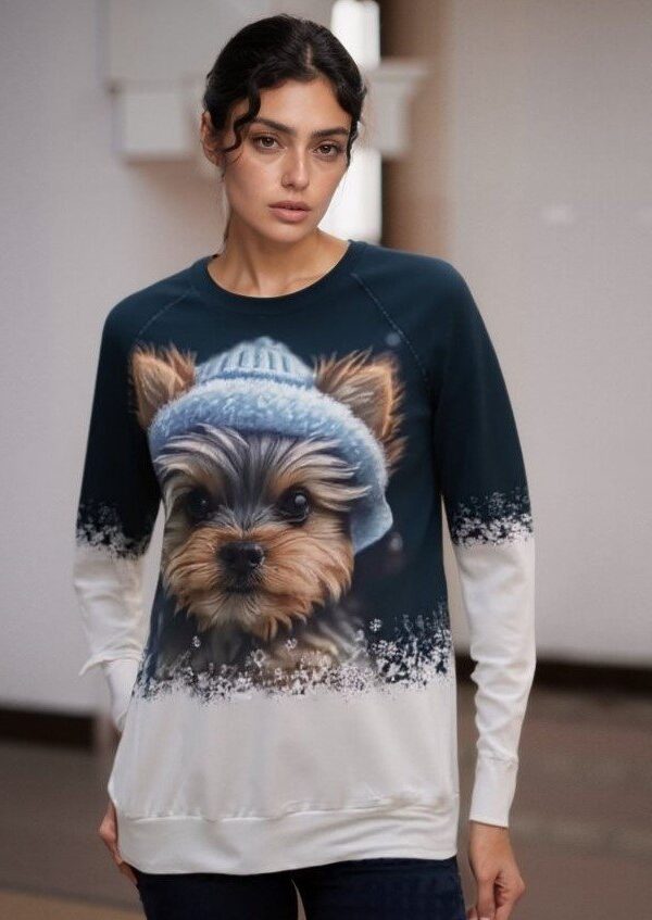 Kadın Uzun Kollu Bisiklet Yaka Köpek Baskılı şardonlu Dalgıç Bluz