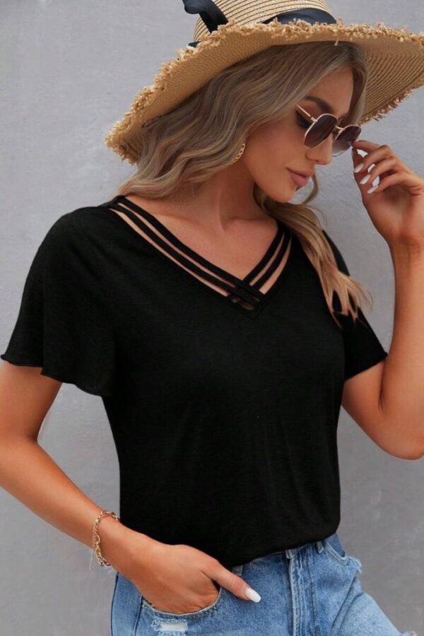 Kadın Kısa Kollu V şerit Yakalı Viskon Bluz