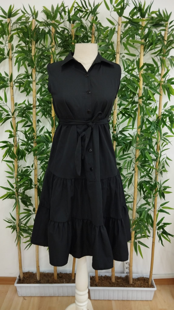 Kadın Kısa Kollu Gömlek Yaka Düğmeli Beli Kuşaklı Katlı Dokuma Midi Elbise - Görsel 6