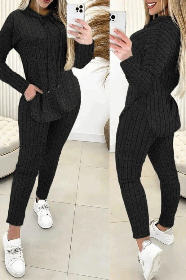 Kadın Uzun Kollu Kapşonlu Yakadan Bağcıklı Yandan Yırtmaçlı üst Bluz Alt Tayt şardonlu Kaşkorse Ikili Takım