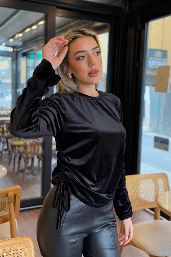 Kadın Uzun Kollu Bisiklet Yaka Yanları Ve Kolları Büzgülü Kadife Bluz