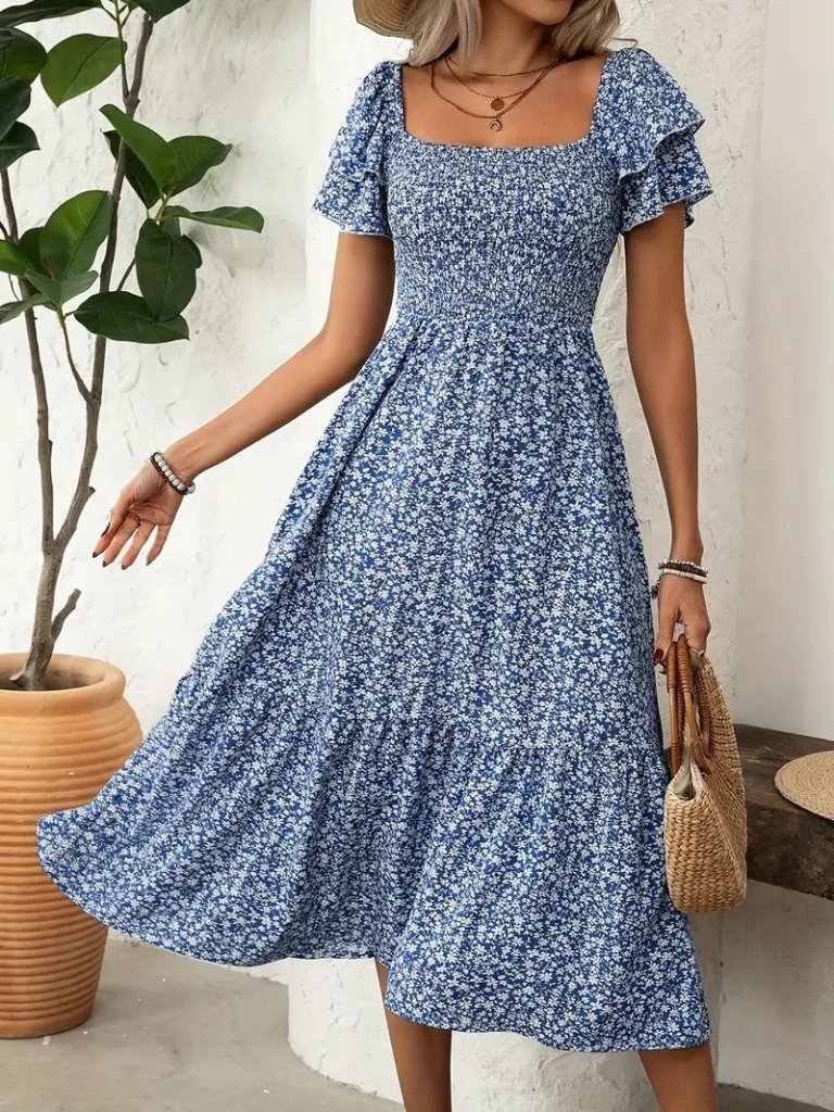 Kadın Kısa Kollu Gipe Detaylı Desenli Midi Süprem Elbise - Görsel 2