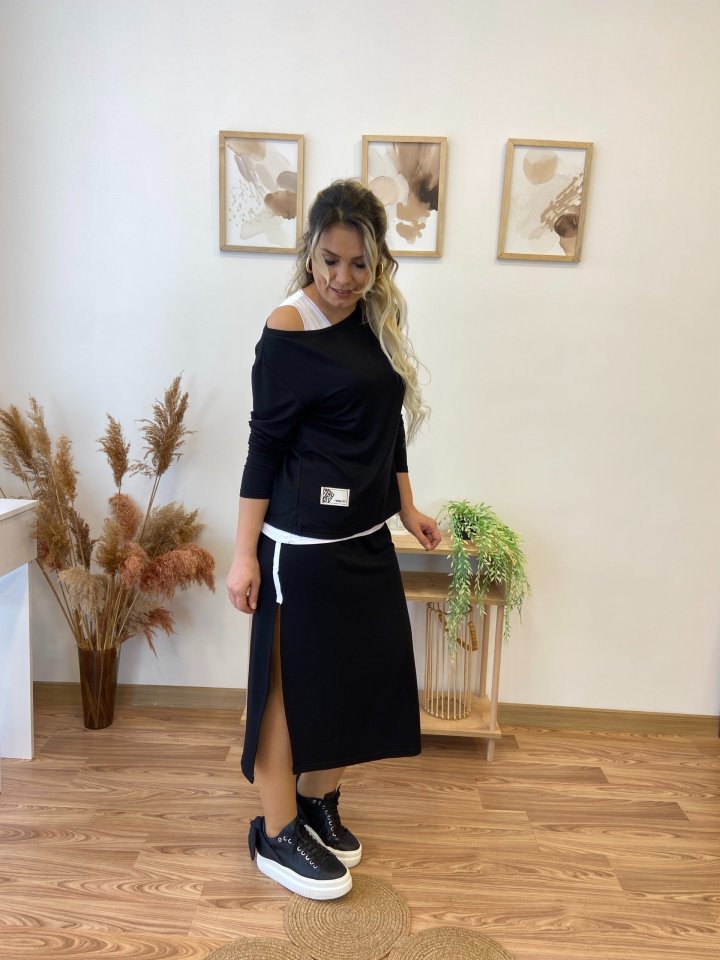 Kadın Uzun Kollu Tek Omuzu Açık Viskon Bluz Içi Atletli Ve Yandan şeritli üçlü Viskon Ikili Takım - Görsel 6