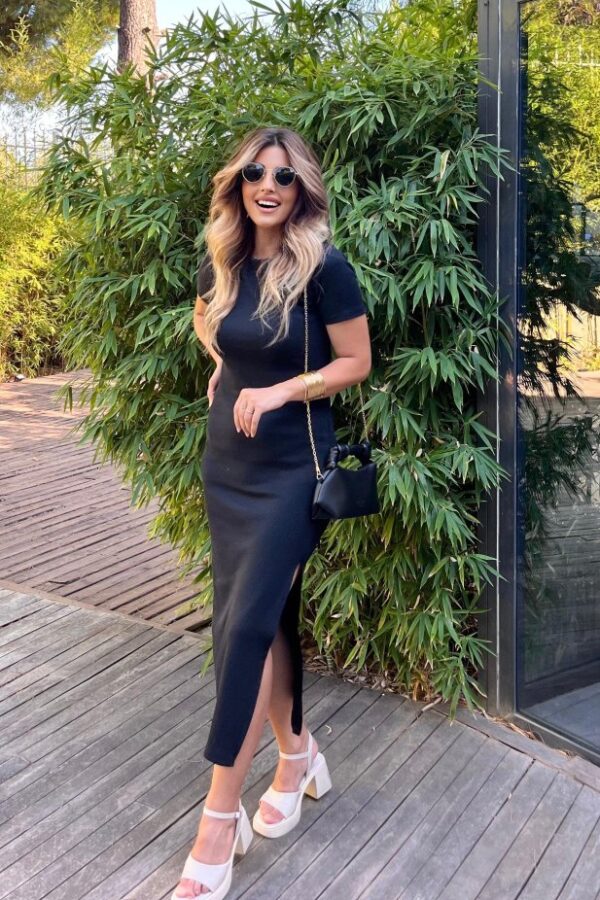 Kadın Kısa Kollu Bisiklet Yaka Yırtmaç Detay Fitilli Kaşkorse Tam Boy Elbise