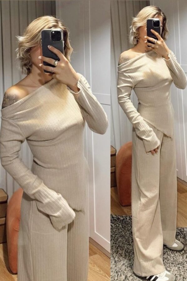 Kadın Uzun Kollu Omuzlardan Açık Asimetrik Kesim Kaşkorse Bluz Ve Pantolon Ikili Pantolon