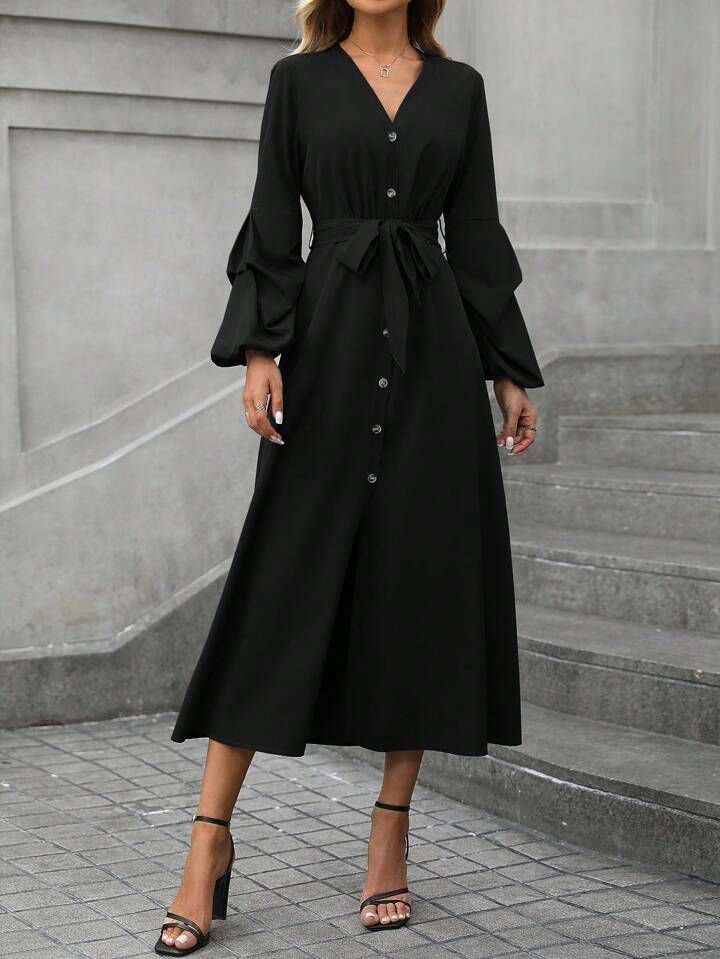 Kadın Uzun Kollu Derin V Yakalı Belden Kuşaklı önden Düğmeli Janjan Krep Elbise - Görsel 3