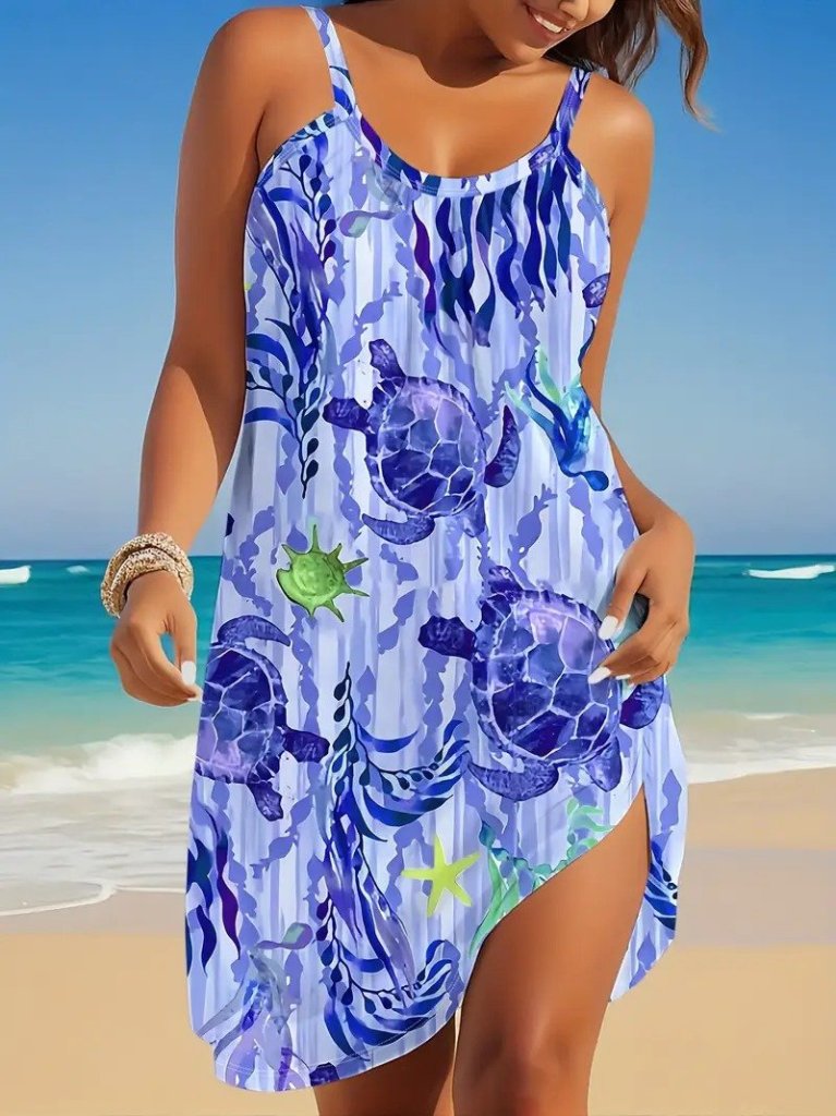 Kadın Askılı Yuvarlak Yaka Kaplumbağa Desenli Süprem Elbise - Görsel 4