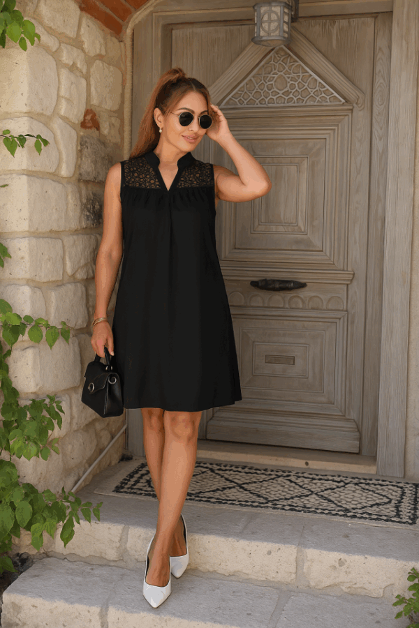 Kadın Kolsuz V Hakim Yaka Dantelli Janjan Krep Elbise