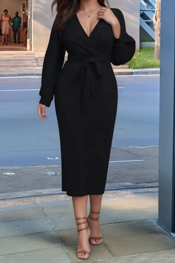 Kadın Uzun Kollu Kruvaze Yaka Belden Kuşaklı Midi Ithal Krep Elbise