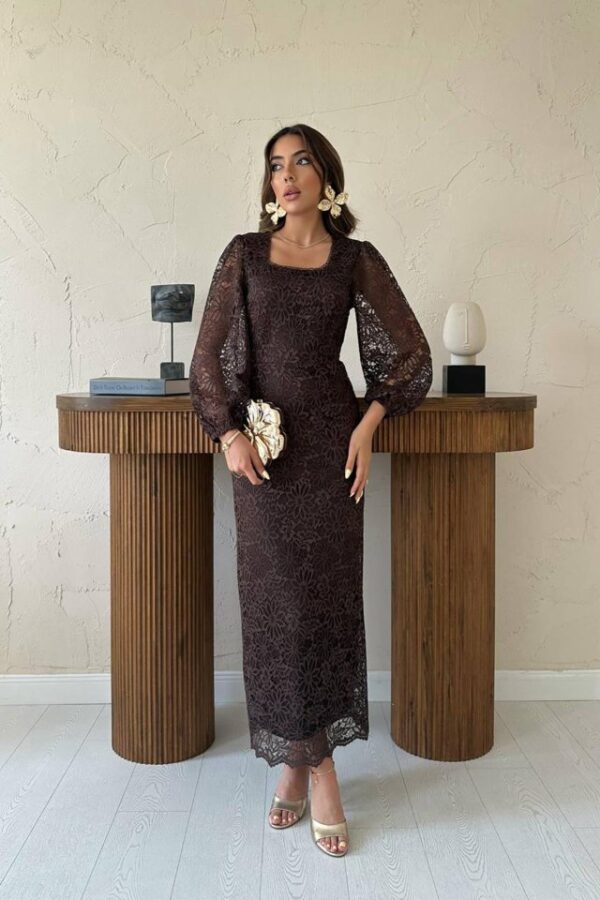 Bordo Güpür Detaylı Dantel Elbise