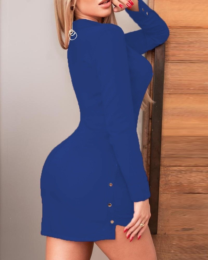 Kadın Uzun Kollu Polo Yaka ön Kısım çıtçıtlı Düğme Detay Scuba Krep Mini Boy Elbise - Görsel 6