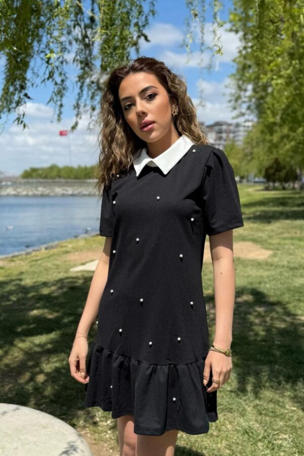 Kadın Kısa Kollu Yakalı Inci Detaylı Kısa Ithal Krep Elbise