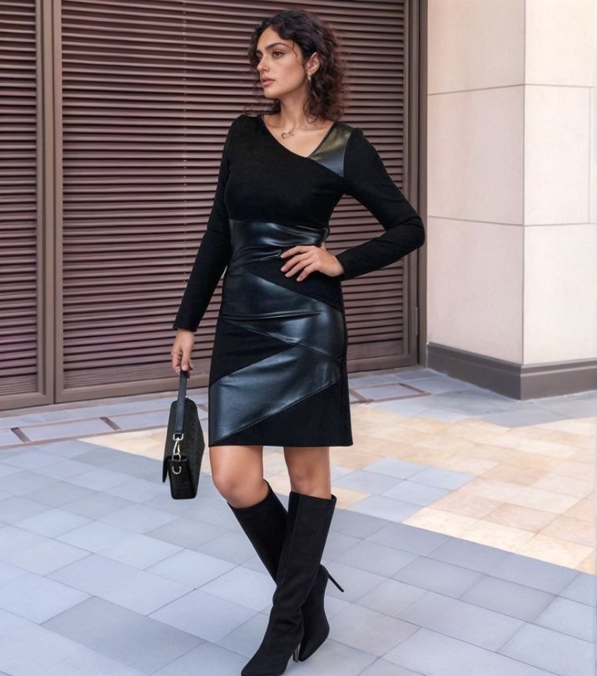 Kadın Uzun Kollu Asimetrik Yaka Süet Ve Deri Mini Boy Elbise - Görsel 2