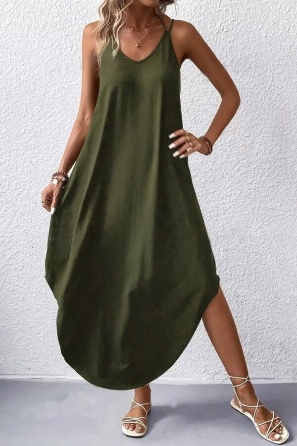 Kadın Askılı V Yakalı Uzun Viskon Elbise