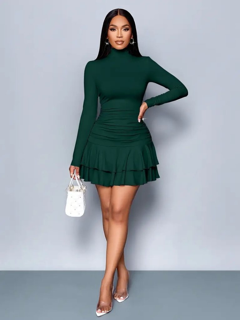 Kadın Uzun Kollu Balıkçı Yaka Mini Fırfırlı Sandy Elbise - Görsel 7