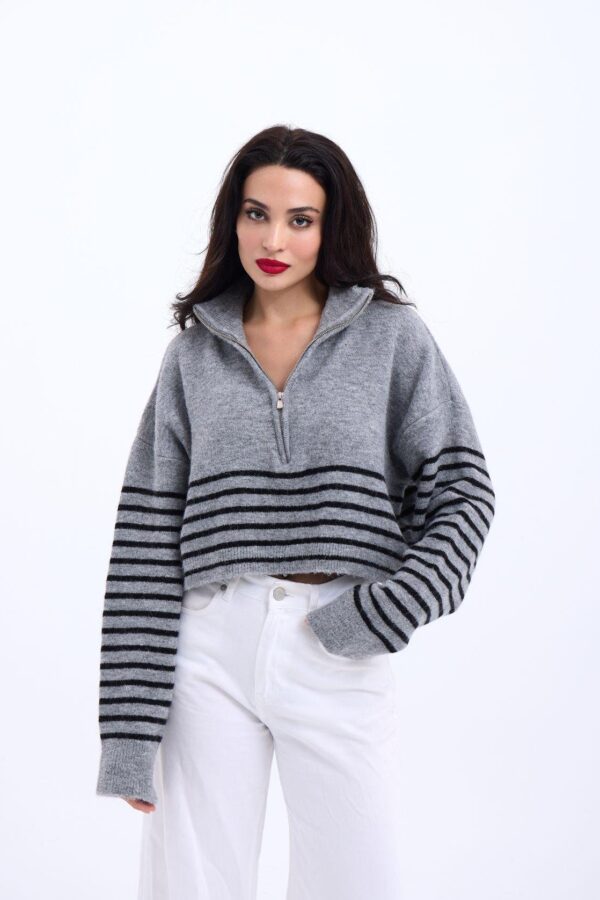 43311 TRİKO ÇİZGİLİ FERMUARLI CROP-SİYAH-EKRU