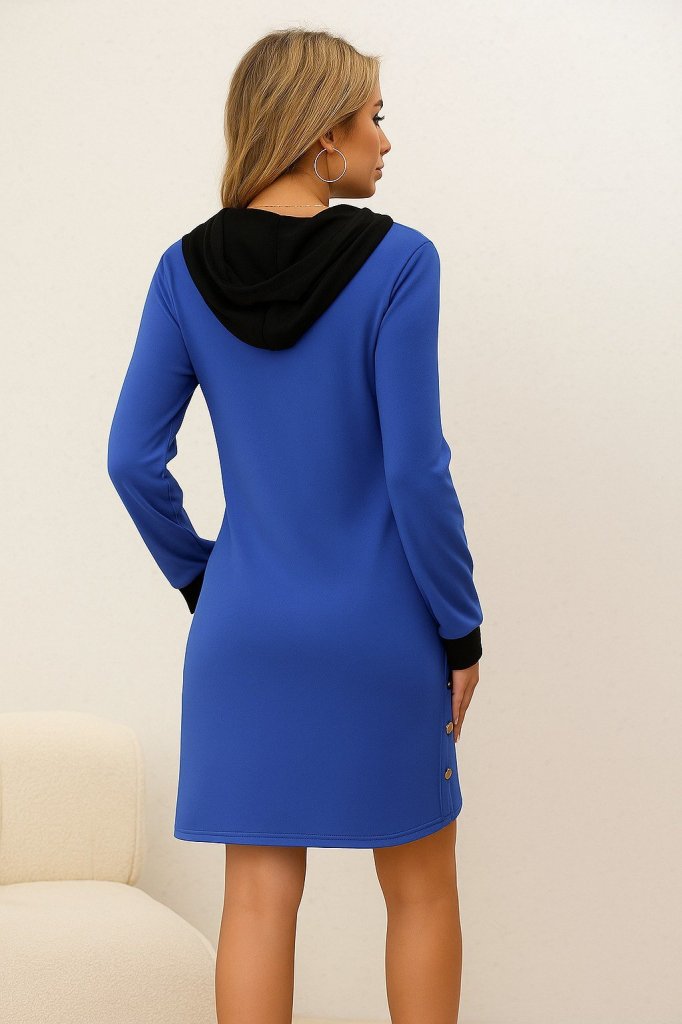 Kadın Uzun Kollu Kapşonlu önden Fermuarlı Düğmeli Mini Iki Iplik Elbise - Görsel 3