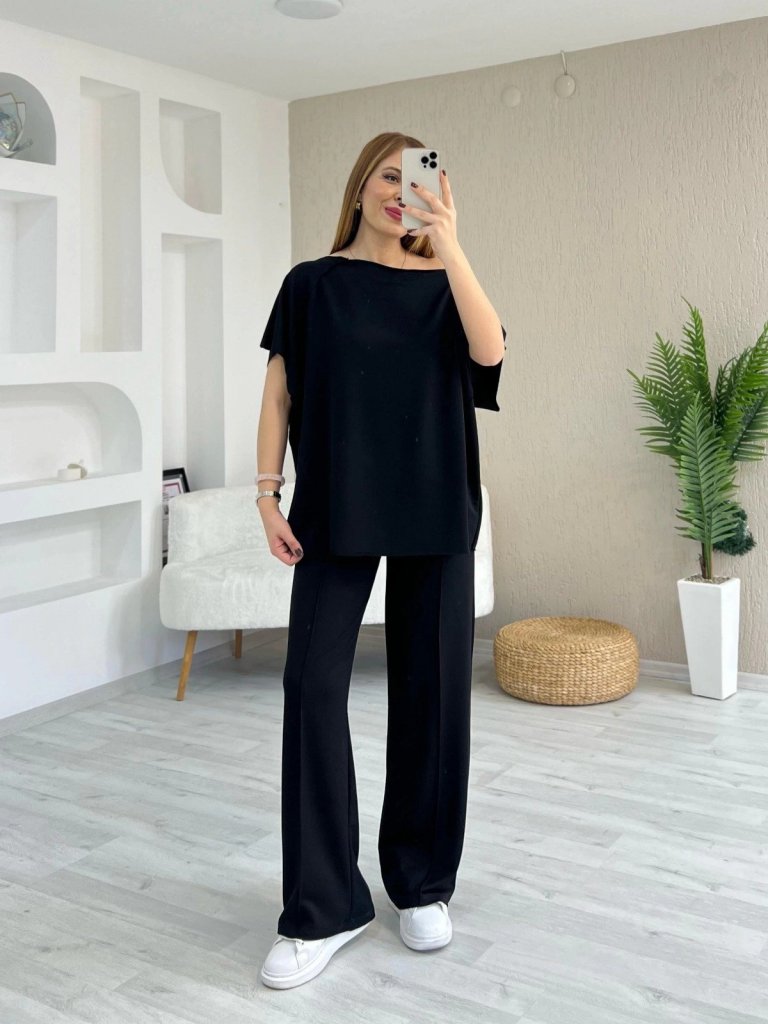 Kadın Kısa Kollu Kayık Yakalı Dikiş Izi Detaylı Viskon Iki Iplik Bluz Ve Pantolon Ikili Takım - Görsel 3