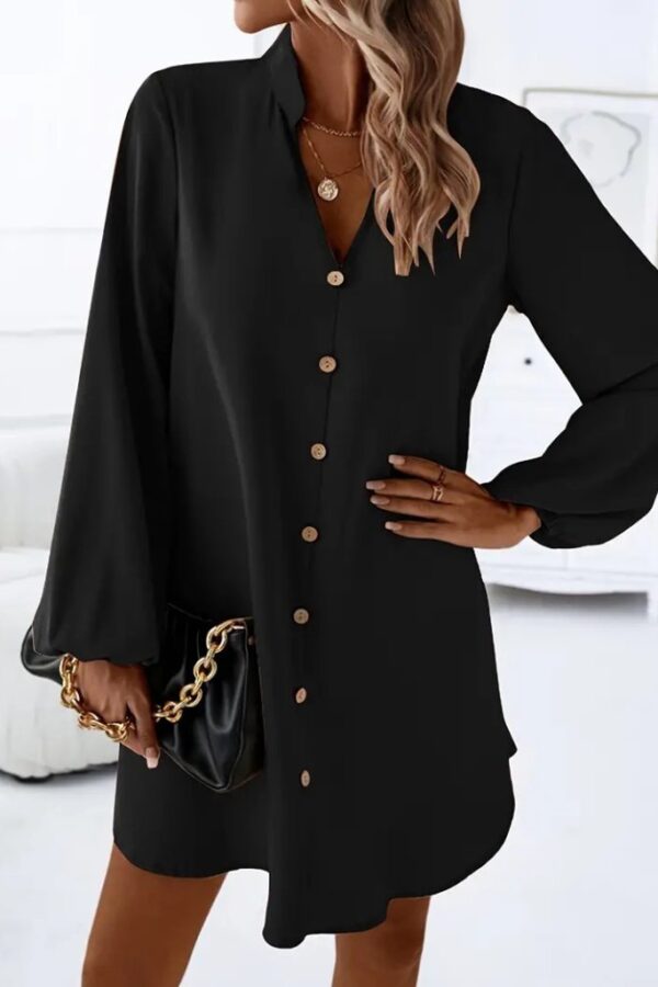 Kadın Uzun Kollu V Yakalı önden Düğmeli Kısa Sandy Elbise