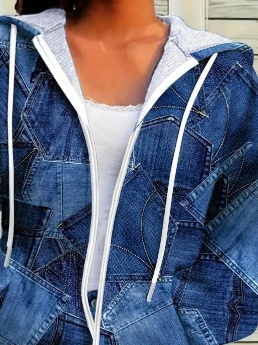 Kadın Uzun Kollu Kapşonlu Fermuarlı Kot Desenli Bağcıklı Modal Ceket - Görsel 2