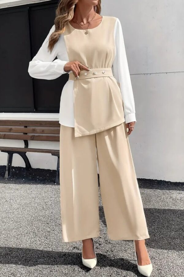 Kadın Uzun Kollu Açık Yakalı çift Renkli Kemerli Ithal Krep Ikili Takım