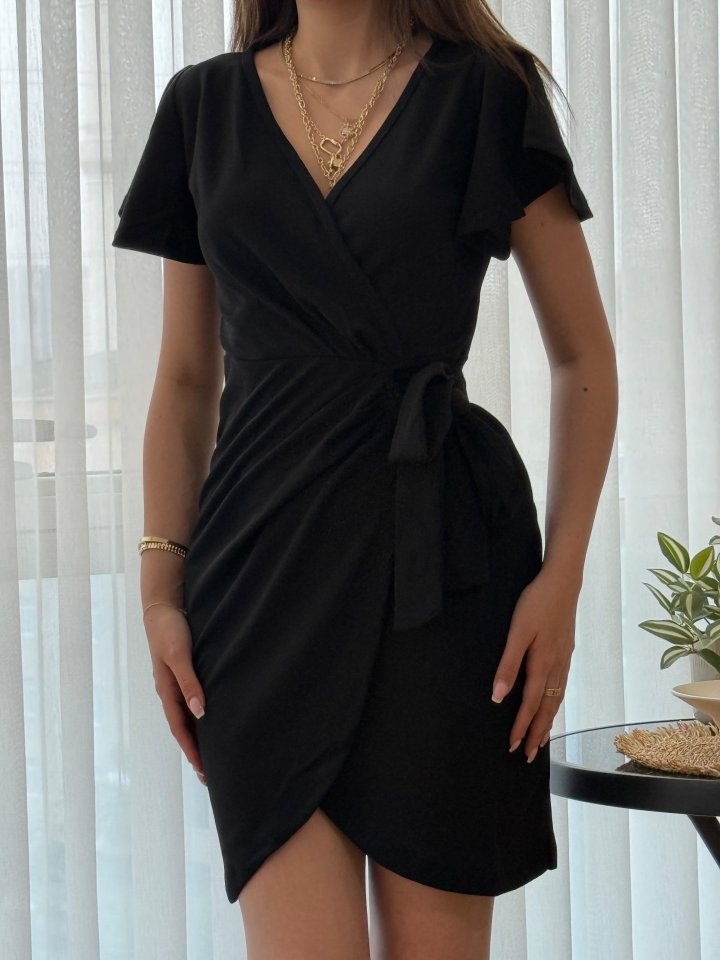 Kadın Kısa Kollu Kruvaze Yakalı Belden Bağlamalı Ithal Krep Elbise - Görsel 2