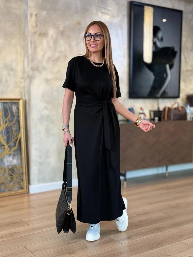 Kadın Kısa Kollu Bisiklet Yaka Yandan Bağlamalı Viskon Iki Iplik Elbise - Görsel 14