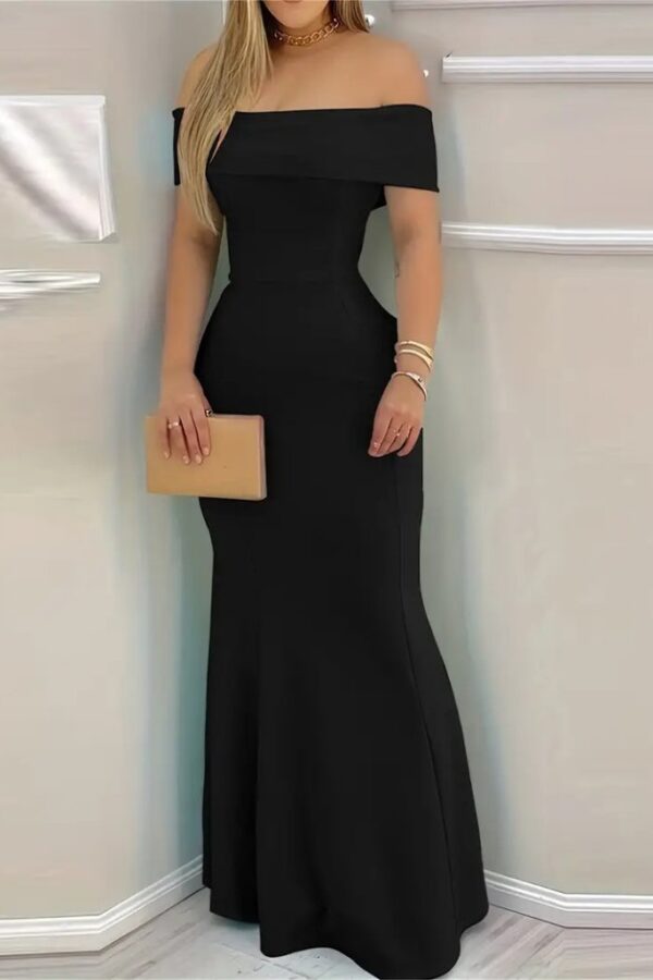 Kadın Kısa Kollu Madonna Yaka Belden Oturtmalı Uzun Ithal Krep Elbise