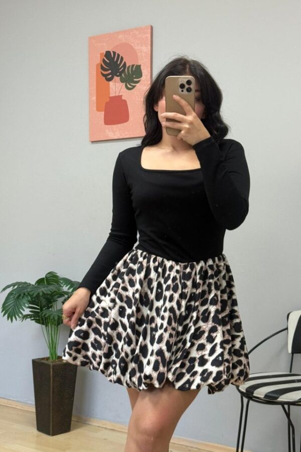 Kadın Uzun Kollu Kare Yaka Mini Balon Modal Elbise