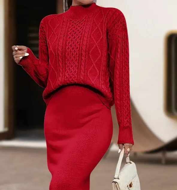 Kadın Uzun Kollu Balıkçı Yaka Bluz Ve Etek Ikili Triko Takım - Görsel 2