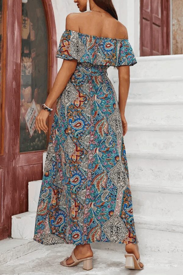 Kadın Kısa Kollu Madonna Yaka Fırfırlı Belden Yırtmaçlı Maksi Süprem Elbise