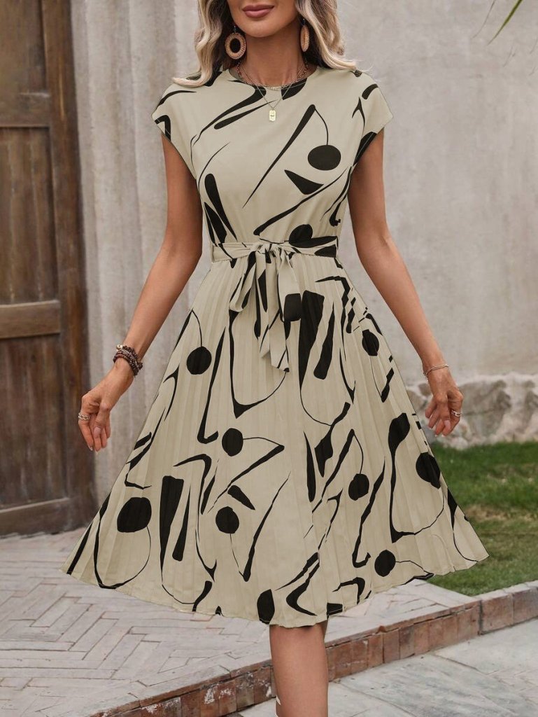 Kadın Kısa Yarasa Kollu Yuvarlak Yaka Beli Büzgülü Süprem Elbise - Görsel 5