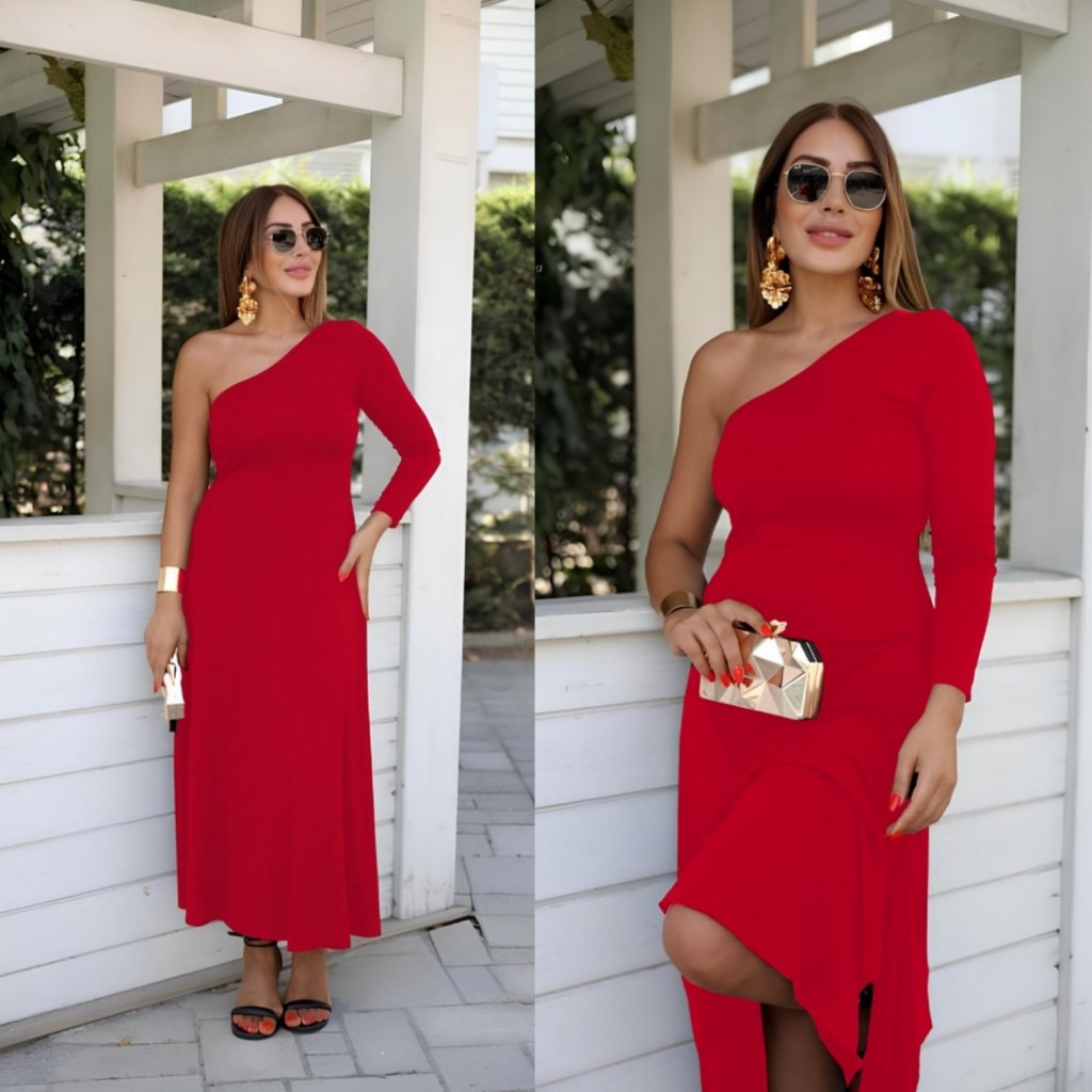 Kadın Uzun Kollu Tek Omuz Detay Krep Elbise - Görsel 3