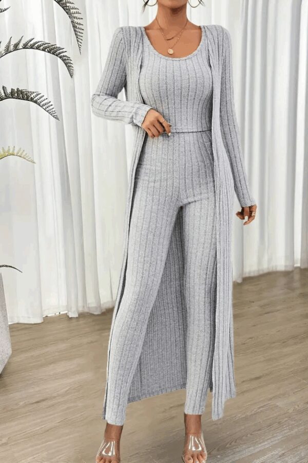 Kadın Yuvarlak Yaka Askılı Krop Bluz Yüksek Bel Tayt Ve Uzun Hırka şardonlu Kaşkorse üçlü Takım