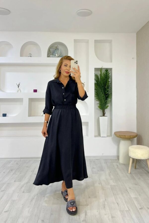 Kadın Keten Kumaş Gömlek Ve Etek Ikili Takim