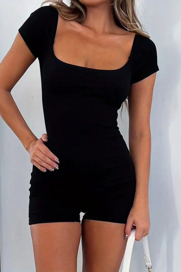 Kadın Kısa Kollu Kare Yaka Mini Bodycon Dalgıç Tulum