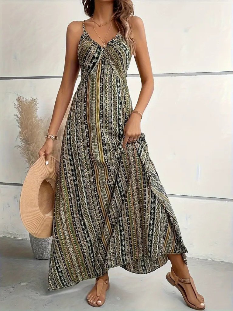 Kadın Ip Askılı Sırttan çapraz Detaylı Yırtmaçlı Desenli Süprem Elbise - Görsel 3