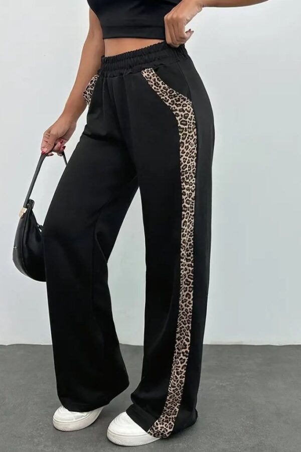 Kadın Yüksek Bel Bağcıklı Yanları Leopar Desenli Viskon Iki Iplik Pantolon