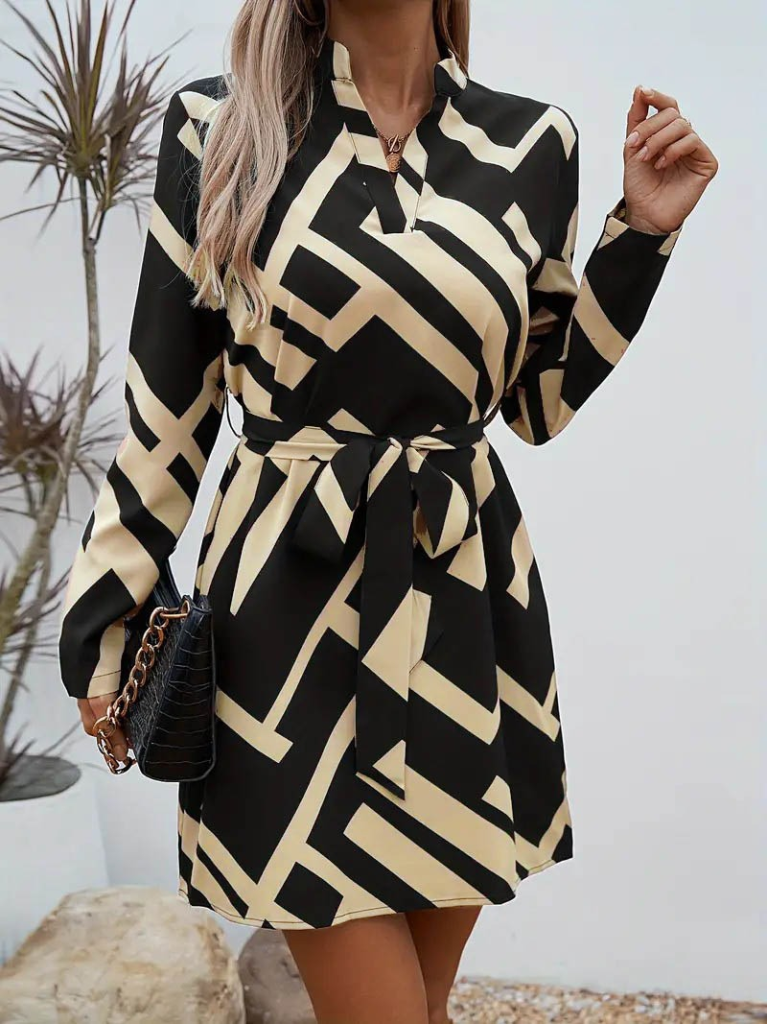 Kadın Uzun Kollu V Yakalı Desenli Belinde Kuşaklı Dalgıç Elbise - Görsel 9