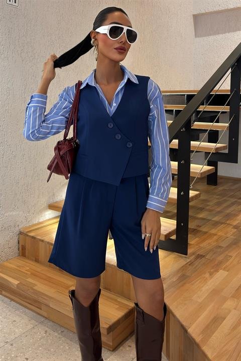 Çapraz Düğmeli Ve Bermuda Şortlu Yelekli Takım 10171