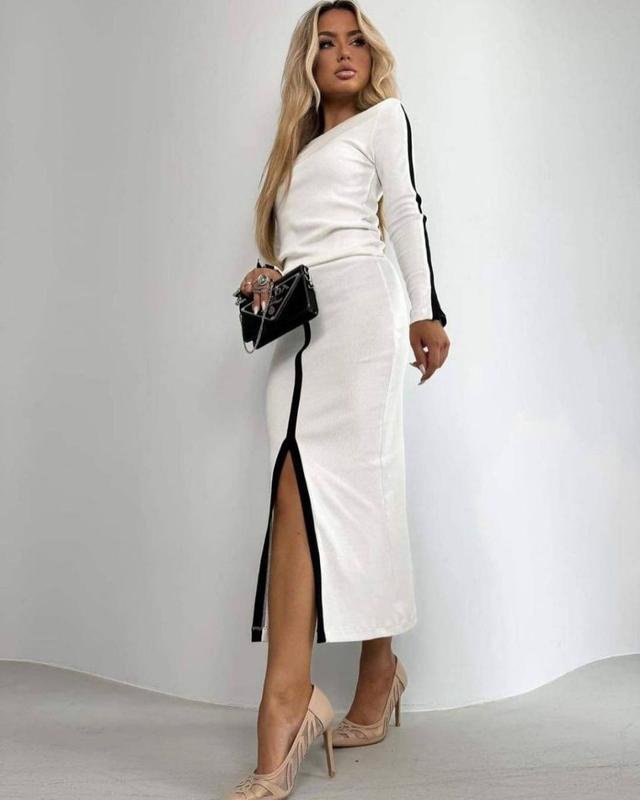 Kadın Uzun Kollu Bisiklet Yaka Kaşkorse Bluz Ve Yırtmaçlı Etek Ikili Takım - Görsel 12