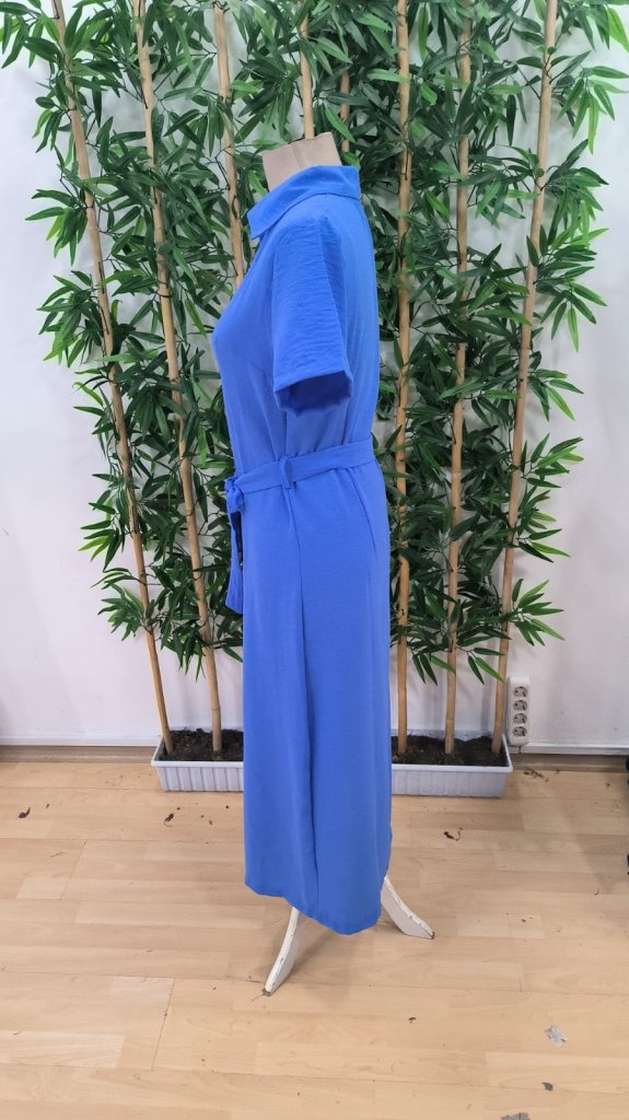 Kadın Kısa Kollu Yakalı önden Düğmeli Beli Kuşaklı Ithal Keten Elbise - Görsel 5