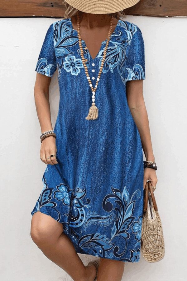 Kadın Kısa Kollu V Yakalı çiçek Baskılı Midi Süprem Elbise